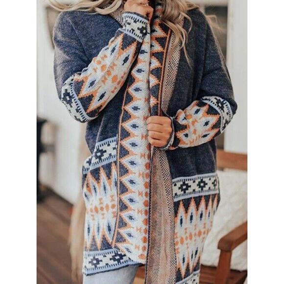 Aztec Print Cardigan Size Small By Impressions Oversized Blue Gray Yellow - Picture 2 of 10